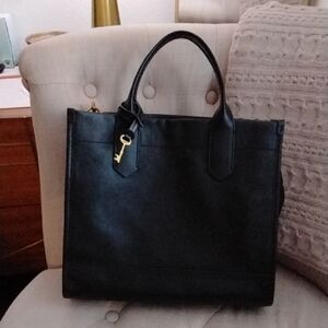 Fossil Black Leather Tote Bag with Key Charm